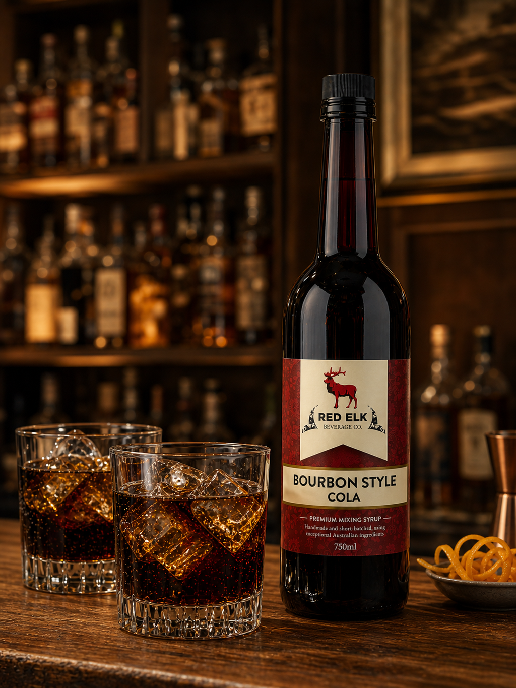 Bottle of Bourbon Cola syrup with two glasses in  whiskey bar.