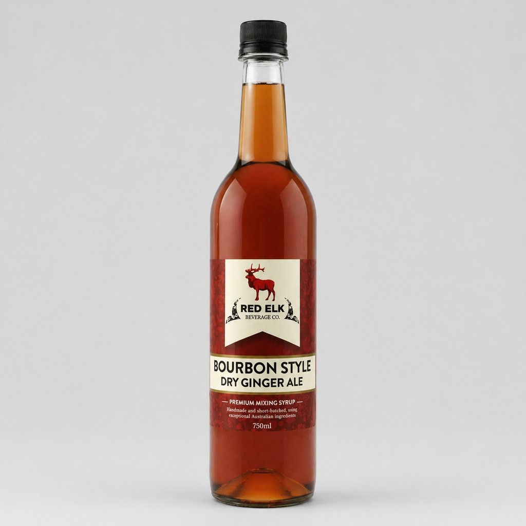 Bottle of Red Elk Bourbon Style Dry Ginger Ale on a gray background