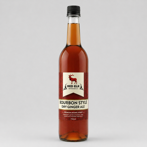 Bottle of Red Elk Bourbon Style Dry Ginger Ale on a gray background