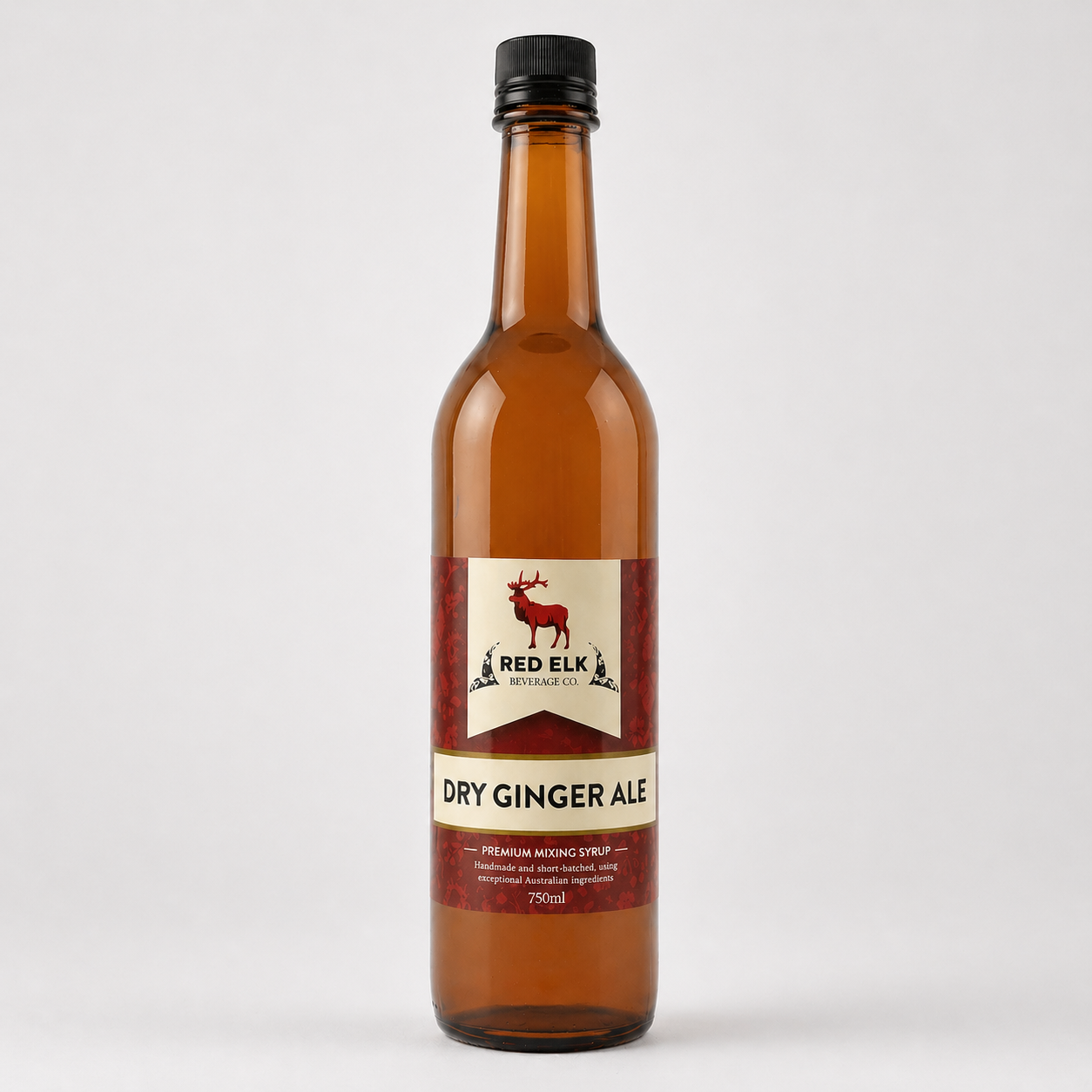 Bottle of Red Elk Dry Ginger Ale on a white background
