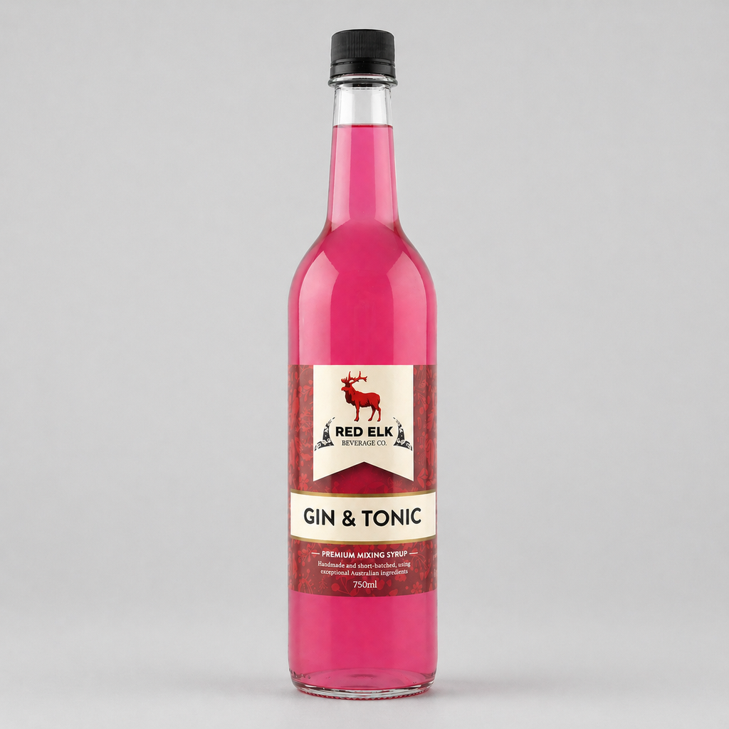 Bottle of Red Elk Gin & Tonic syrup on a gray background