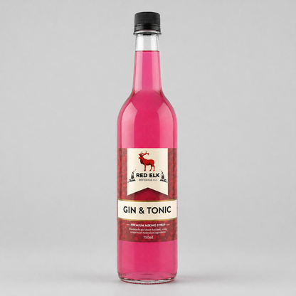 Bottle of Red Elk Gin & Tonic syrup on a gray background