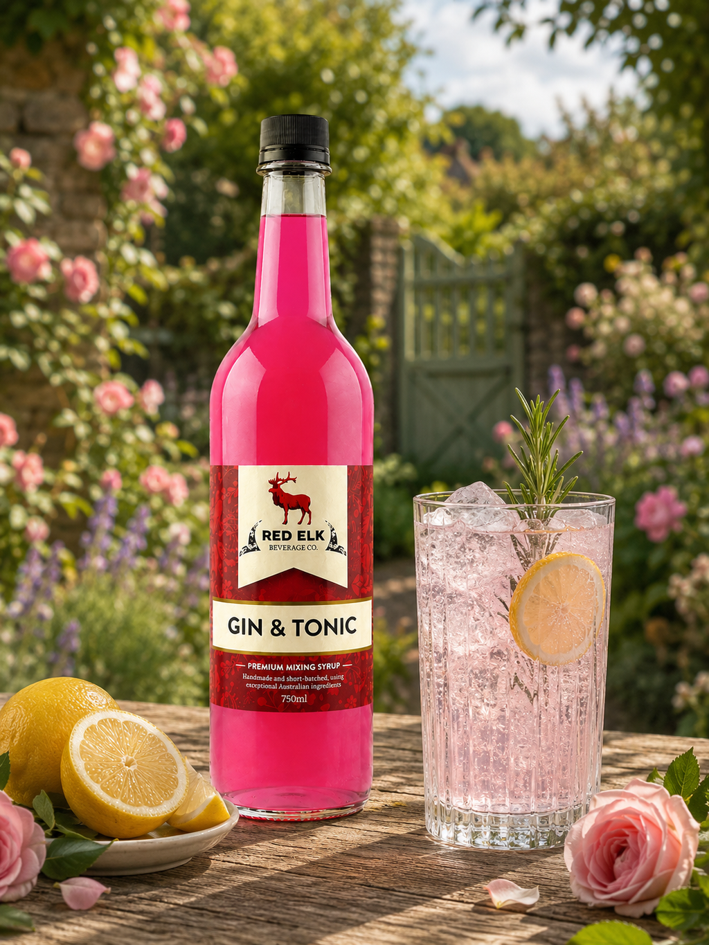 Bottle of Gin & Tonic syrup with a glass of non-alcoholic Gin and Tonic in an English garden. 