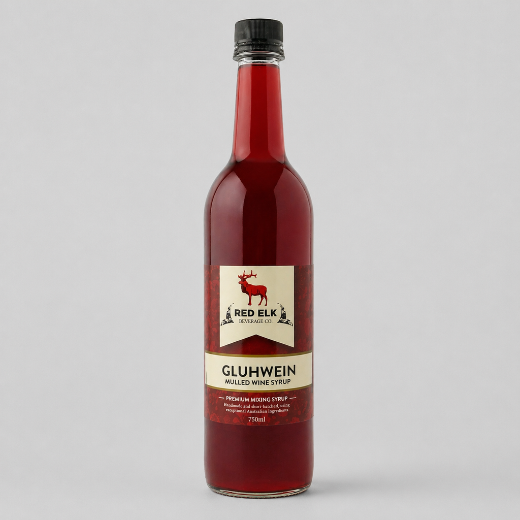 Bottle of Red Elk Gluhwein syrup on a gray background