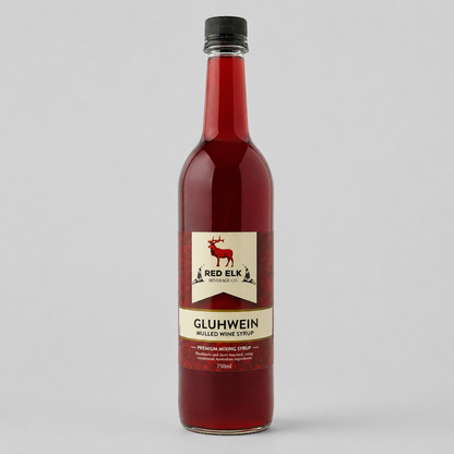Bottle of Red Elk Gluhwein syrup on a gray background