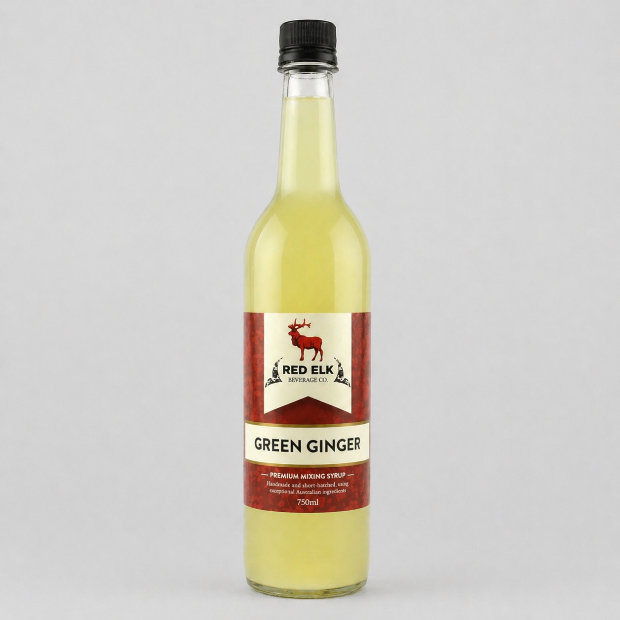 Bottle of Red Elk Green Ginger on a gray background