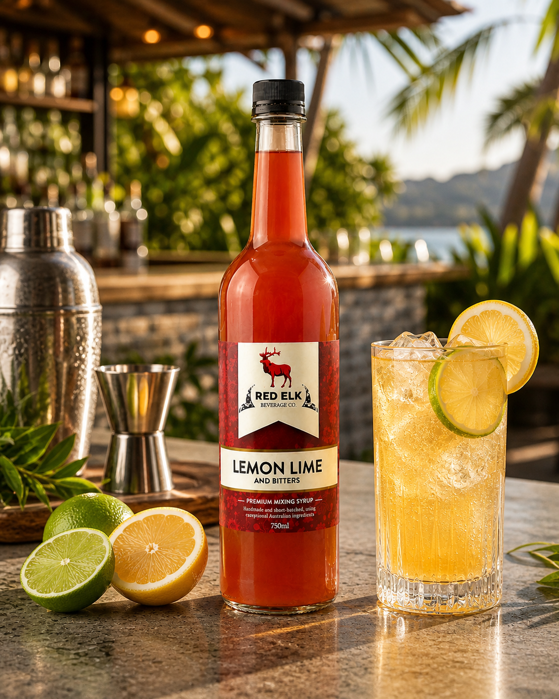 Bottle of Red Elk Lemon Lime Bitters syrup on outdoor patio bar with drink.