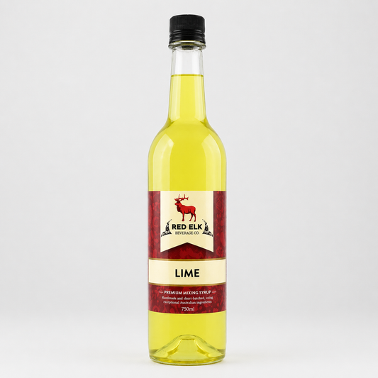 Bottle of Red Elk Lime syrup on a white background