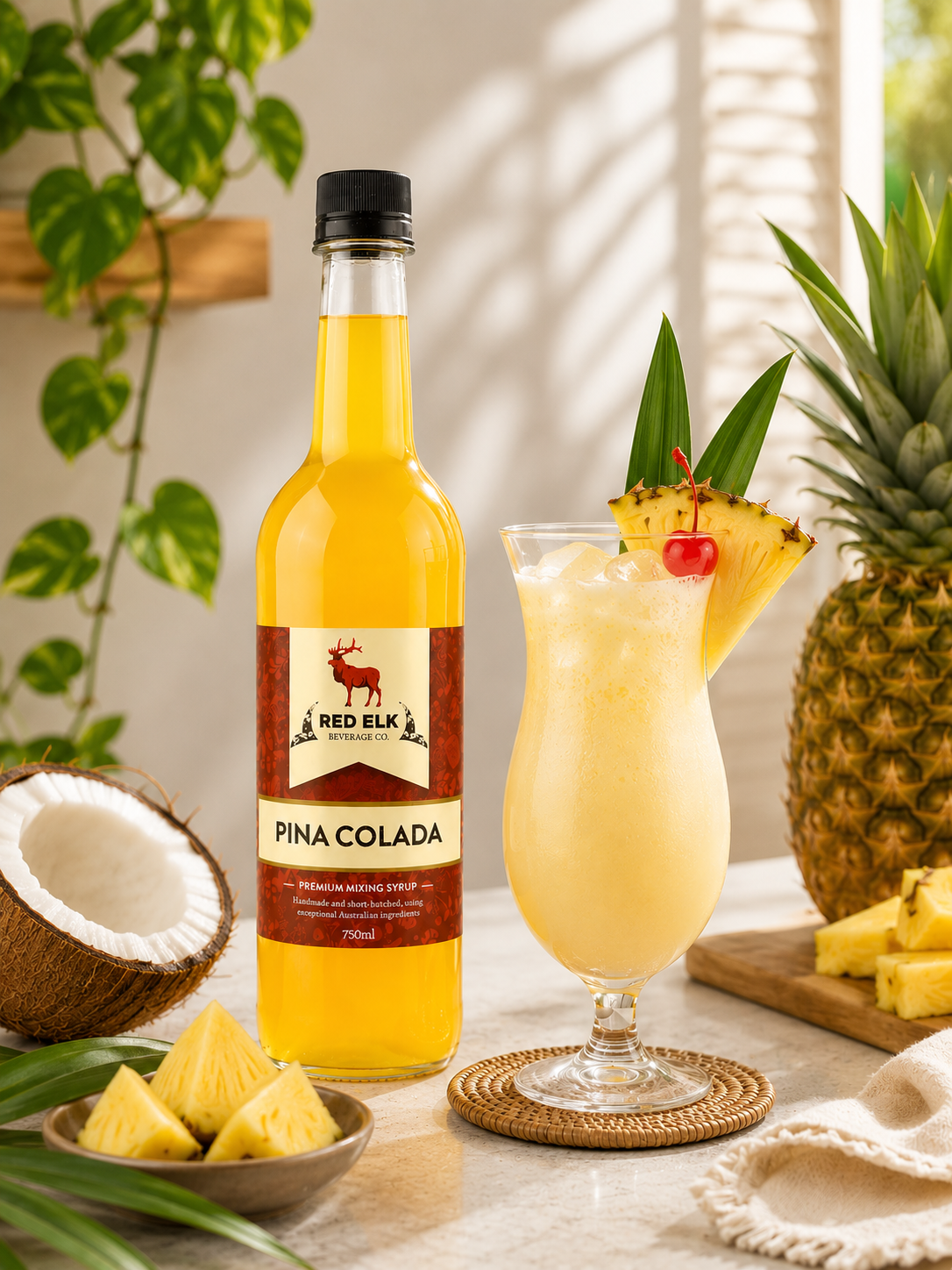 Bottle of Red Elk Pina Colada syrup, with a glass of non-alcoholic pina colada.