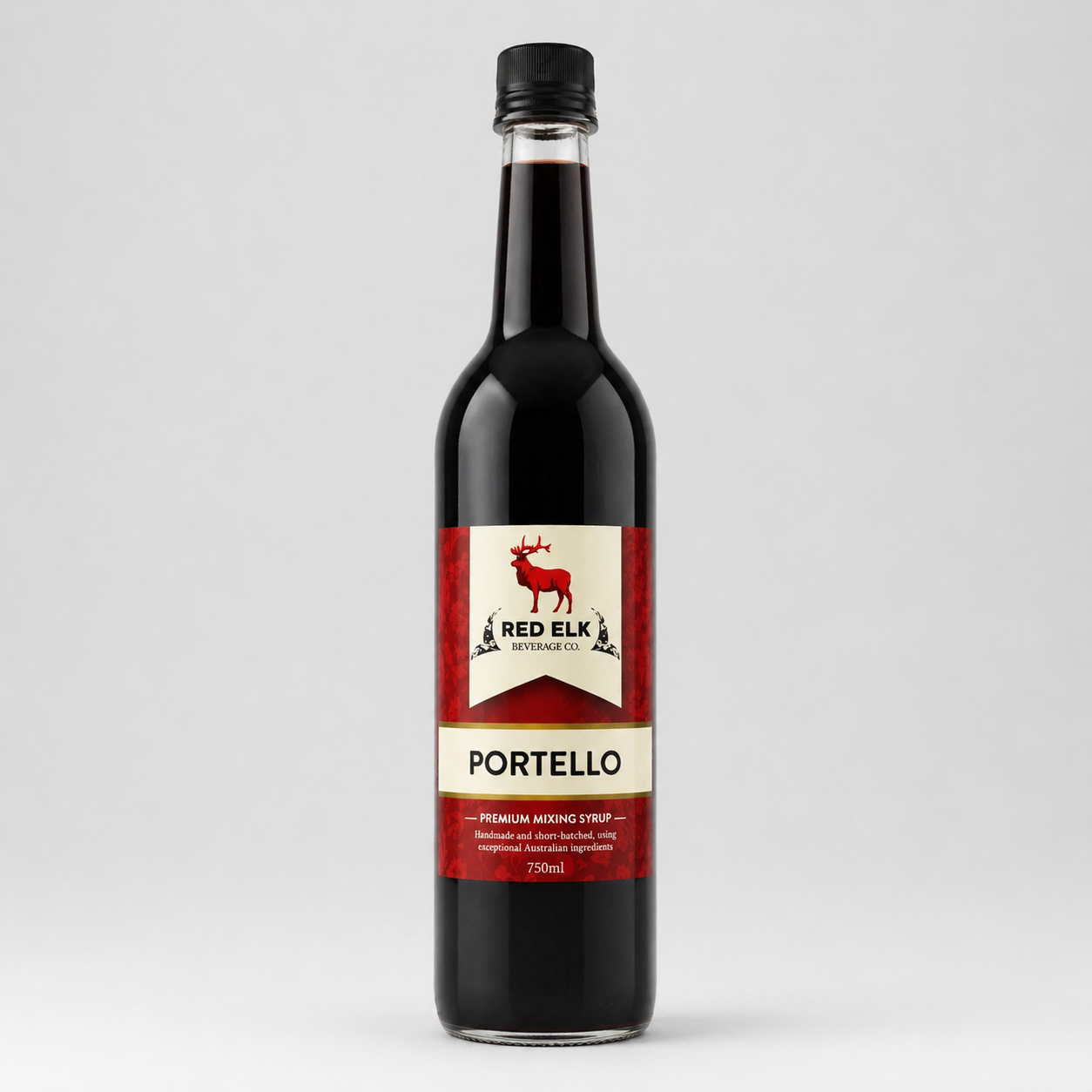 Bottle of Red Elk Beverage Co. Portello syrup on a light gray background
