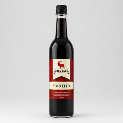 Bottle of Red Elk Beverage Co. Portello syrup on a light gray background