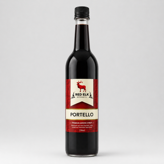 Bottle of Red Elk Beverage Co. Portello syrup on a light gray background