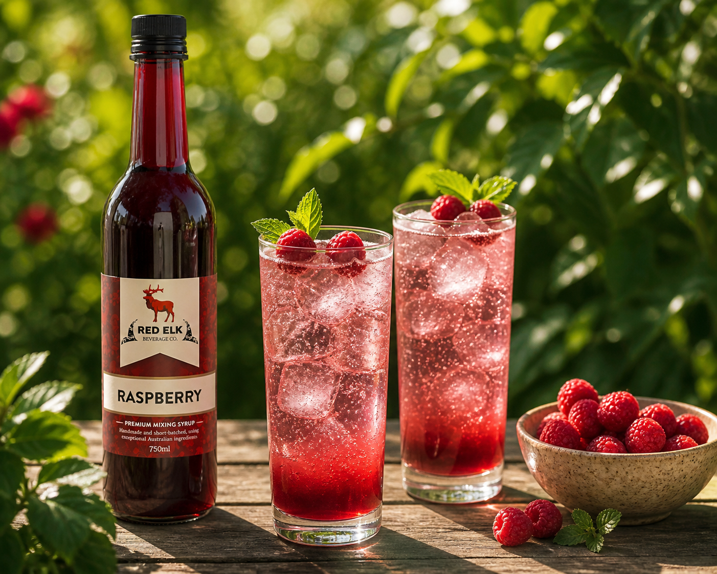 Bottle of Red Elk Raspberry syrup with two glasses.