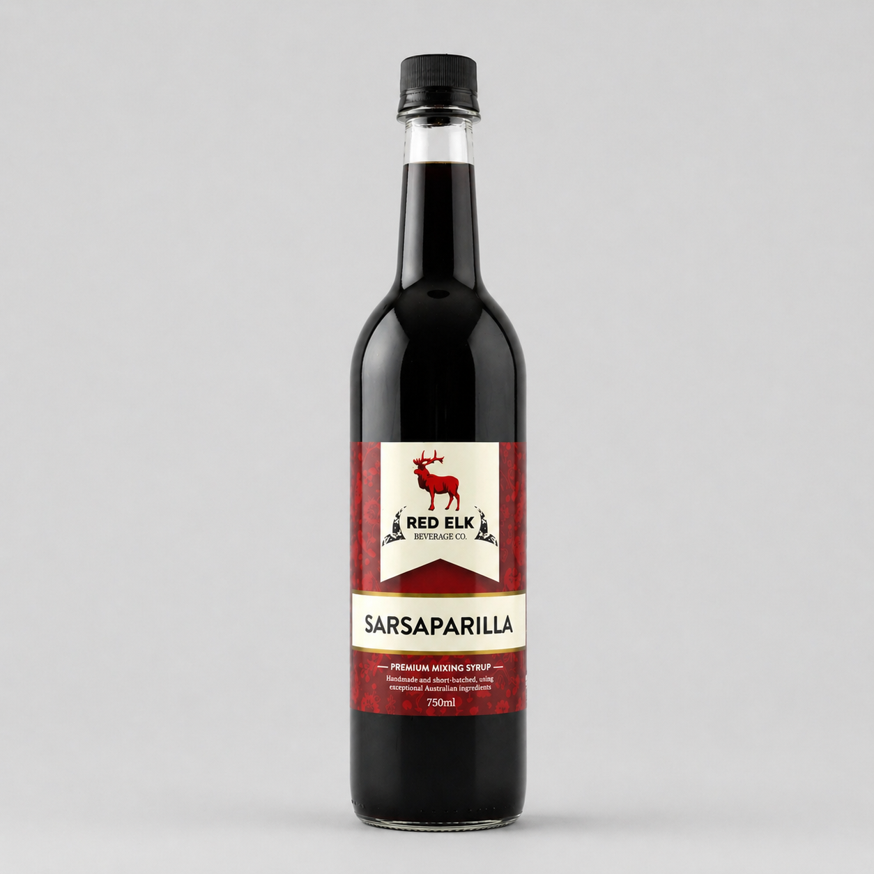 Bottle of Red Elk Sarsaparilla syrup on a gray background