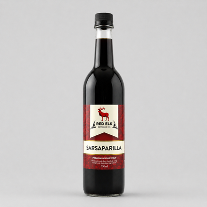 Bottle of Red Elk Sarsaparilla syrup on a gray background