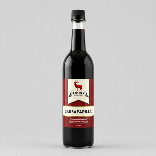 Bottle of Red Elk Sarsaparilla syrup on a gray background