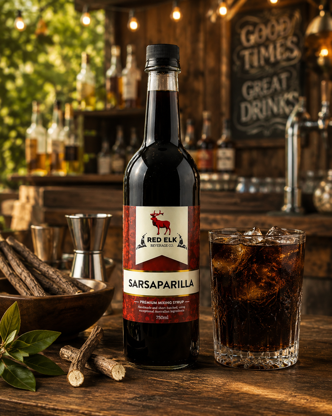 Bottle of Red Elk Sarsaparilla syrup with drink in a rustic bar.