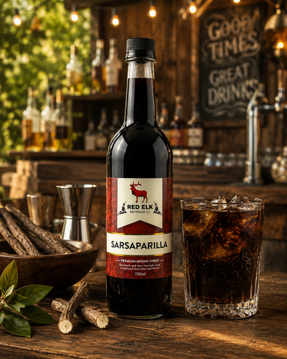 Bottle of Red Elk Sarsaparilla syrup with drink in a rustic bar.