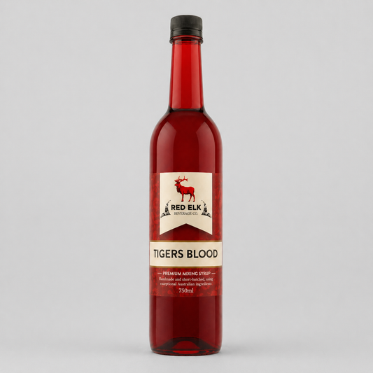 Bottle of Red Elk Tigers Blood syrup on a gray background